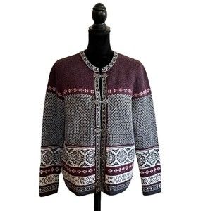 Carroll Reed Woman’s Medium Gray Red Norwegian Fair Isle 100% Wool Cardigan